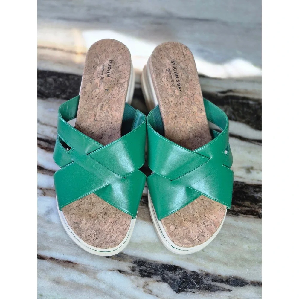 St Johns Bay Moat Green Platform Sandals Cork Memory Foam Slides Womens 9.5W